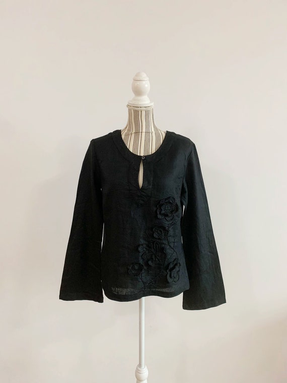 Black Linen Blouse for Women Size 42 L, Vintage Floral Linen Top, Long Wide Sleeve Pure Linen Shirt, Minimal Solid Color Elegant Linen Tunic