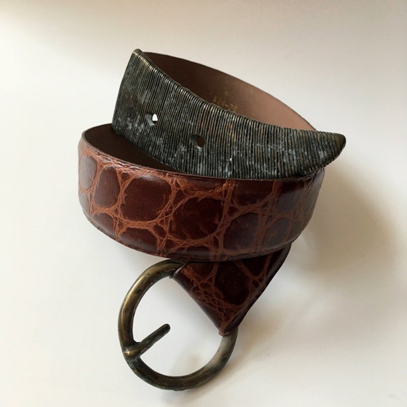 Asymmetrical Mock Croc Brown Leather Belt with Patina Brass Buckle, Vintage 80s Italian Leather Waist Belt for Women, Statement Dress Belt
