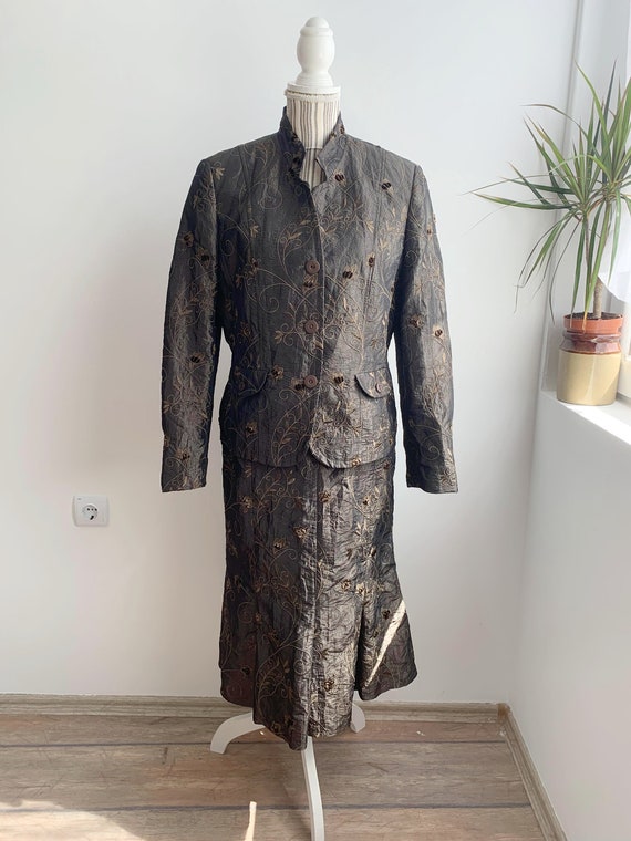 Vintage Y2K Women's Skirt and Blazer 2 Piece Set Size M L, Bronze Olive Green Matching Set, Floral Embroidery Midi Skirt Set, Elegant Set