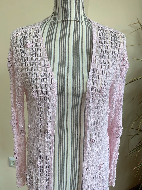 Vintage Light Pink Crochet Cardigan, Asymmetrical… - image 7