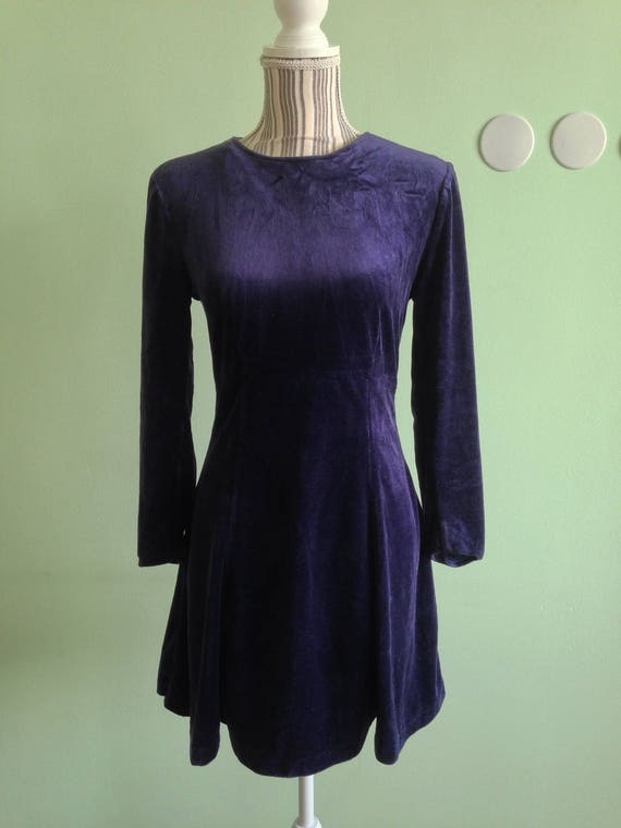 Vintage Mid Length Navy Blue Velvet A Line Dress Size Small, Long Sleeve Flared Skirt 90s Grunge Dress with Back Zipper