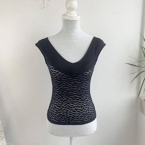 Vintage 90s Black Top Size XS, Italian Sheer Lace V Neck Tank Top, Romantic Grunge Blouse, Elegant Feminine Clothes, Y2K Fashion for Women