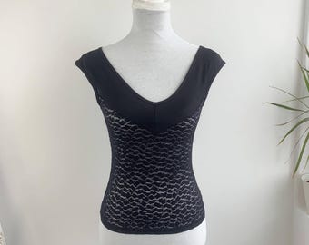 Vintage 90s Black Top Size XS, Italian Sheer Lace V Neck Tank Top, Romantic Grunge Blouse, Elegant Feminine Clothes, Y2K Fashion for Women