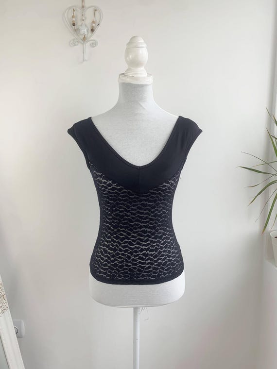 Vintage 90s Black Top Size XS, Italian Sheer Lace V Neck Tank Top, Romantic Grunge Blouse, Elegant Feminine Clothes, Y2K Fashion for Women