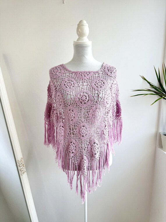 Sheer Lilac Lace Poncho, See Through Shoulder Cape, Boho Fringed Cape Topper, Short Asymmetrical Mesh Cover Up Crop Top, Crochet Shawl Wrap