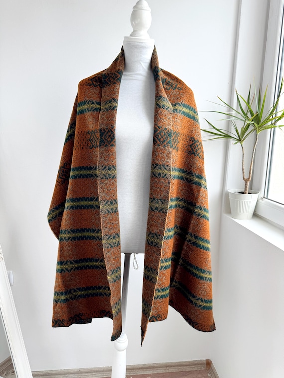 Vintage KENZO Paris 100% Wool Scarf, Earthy Oversized Boho Wrap, Orange and Green Geometric Pattern Rectangular Shawl, Designer Luxury Gift