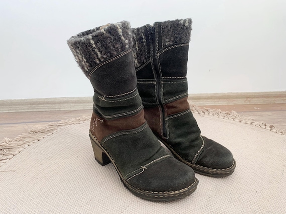 Vintage Y2K Joseph Seibel Chunky Winter Boots for Women EUR 39 UK 5.5 US 8, Black Brown Distressed Suede Boots, Warm Lined Ankle Snow Boots
