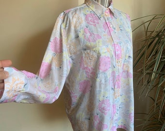 Floral Button up Shirt for Women Size L XL, Vintage 80s Loose Fit