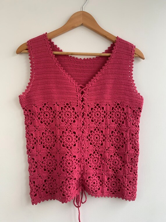 Vintage Cropped Sweater Vest for Women Size S M, Hot Pink Crochet Lace Up Vest, Boho Knit Sleeveless Sweater, Floral Knitted Mesh Tank Top