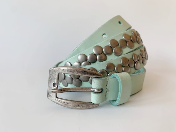 Slim Studded Leather Belt for Women 95 cm 37", Vintage Teal Blue Waist Belt with Small Round Silver Tone Studs, Genuine Leather Skinny Belt