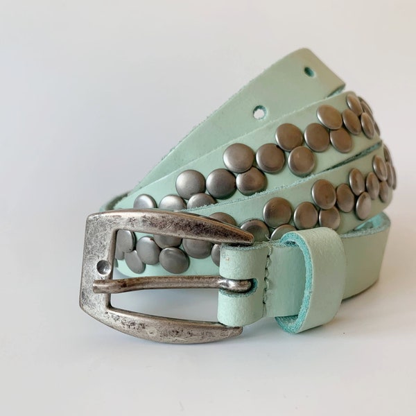 Slim Studded Leather Belt for Women 95 cm 37", Vintage Teal Blue Waist Belt with Small Round Silver Tone Studs, Genuine Leather Skinny Belt