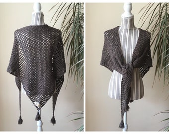 Brown Crochet Fishnet Shawl With Tassels, Open Knit Handmade Shoulder Wrap Winter Triangle Scarf, Gift for Wife