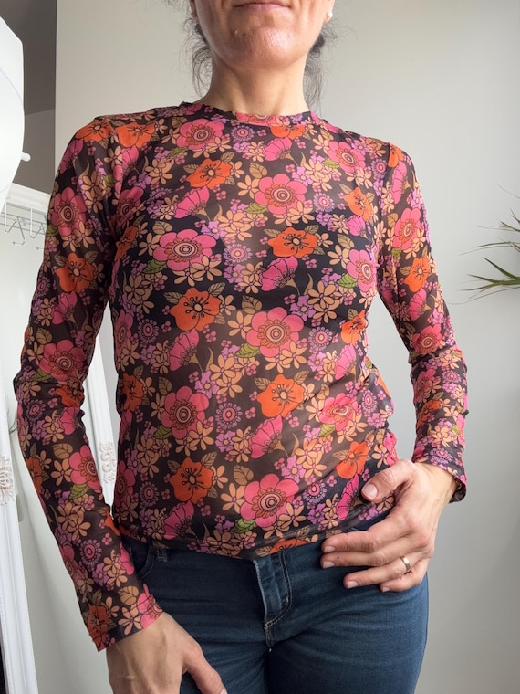 Vintage Brave Soul London Floral Mesh Top, 70s Style Retro Sheer Long Sleeve Tee, Brown Pink Orange Hippie Boho Festival Shirt Size S