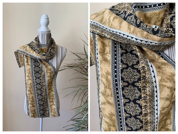 Beige Brown Tribal Neck Scarf, Moroccan African Print Oblong Scarf for Women, Earthy Marble Mosaic Tile Hair Scarf, Vintage 90s Gift for Her