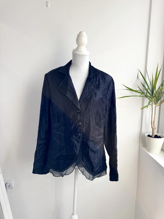 Vintage Celina Black Shiny Satin Crinkle Blazer Size XL, White Stitching Mesh Trim Avant Garde Dark Academia Oversized Emo Goth Jacket