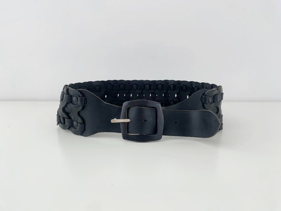 Vintage Real Leather Belt for Women 81 - 92 cm / 32 - 36" , Rectangle Buckle Black Leather Belt, Boho Woven Wide Waist Belt, Waist Cincher