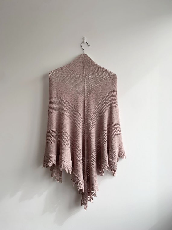 Vintage Soft Lace Shawl, Knitted Shawl Wrap, Taupe Rose Knit Wrap, Boho Chic Triangle Shawl, Bohemian Scarf, Sheer Mesh Shoulder Shawl