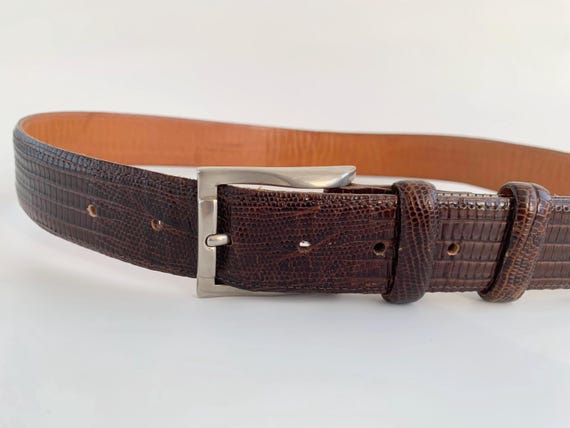 Brown Real Leather Belt 85 cm / 33.5", Mock Croc Reptile Leather Waist Cincher, Vintage Waist Belt, Slim Silver Buckle, Leather Jeans Belt