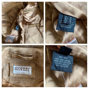 May include: A brown leather jacket with a label that reads "GIOVANI NATURAL" and a tag that says "SOFT SPLIT 100% REAL LEATHER LINING:100% POLYSATIN FUR:80% ACRYLIC+ 20% POLYESTER".