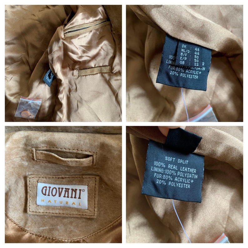 May include: A brown leather jacket with a label that reads "GIOVANI NATURAL" and a tag that says "SOFT SPLIT 100% REAL LEATHER LINING:100% POLYSATIN FUR:80% ACRYLIC+ 20% POLYESTER".