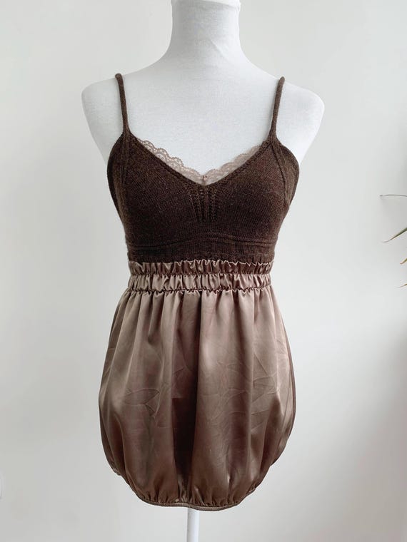 Y2K Knit Satin Mixed Media Top Size S/M, Vintage 2000s Knitted and Satin Tank, Textured Coquette Fairycore Cami, Sleeveless Sweater Vest