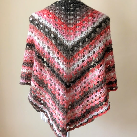 Cozy Crochet Wool Triangle Shawl,  Pink Brown Ombre Shawl, Colorful Boho Scarf, Crochet Lace Shawl, Chunky Shoulder Scarf, Bohemian Shawl
