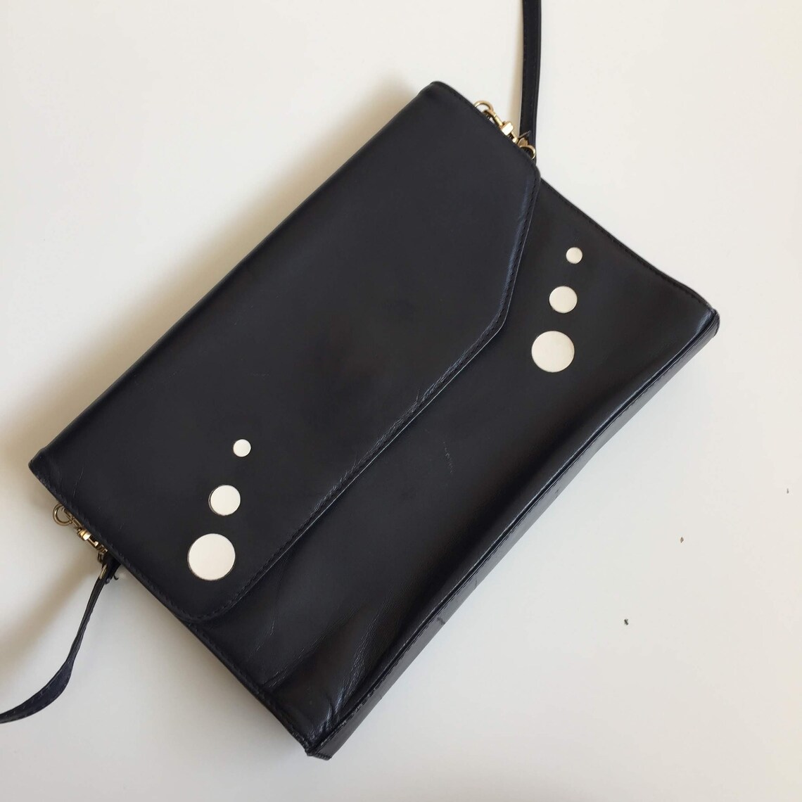 Navy Blue Slim Leather Purse, 80s Clutch Wallet, Genuine Leather Crossbody Bag, Structured Handbag, Shoulder Purse, Vintage Clutch, foto 1 di 5