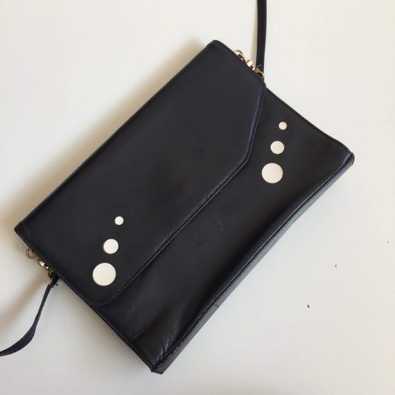 Navy Blue Slim Leather Purse, 80s Clutch Wallet, Genuine Leather Crossbody Bag, Structured Handbag, Shoulder Purse, Vintage Clutch