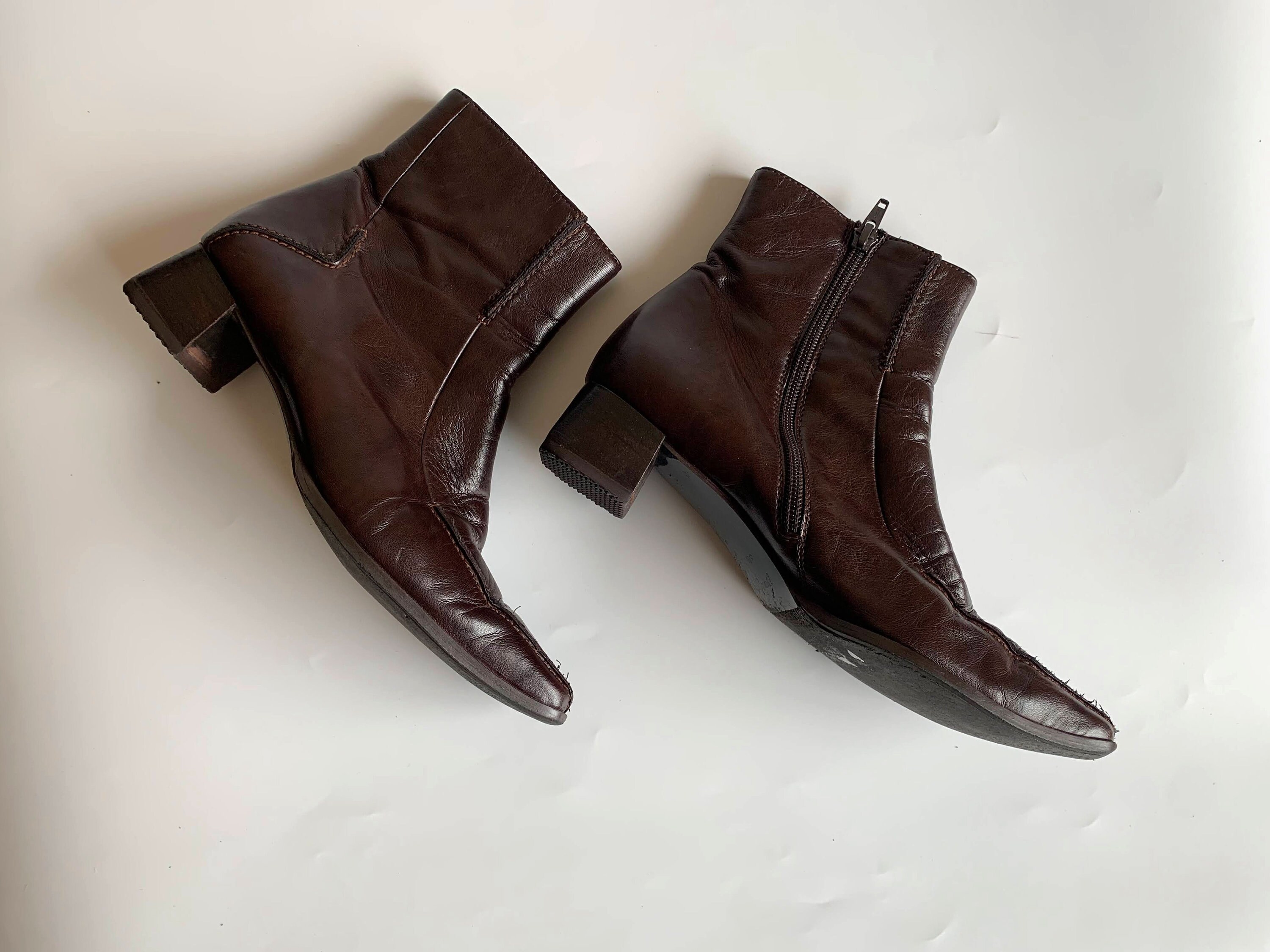 Vintage Brown Leather Ankle Boots, Square Toe Low Block Heel