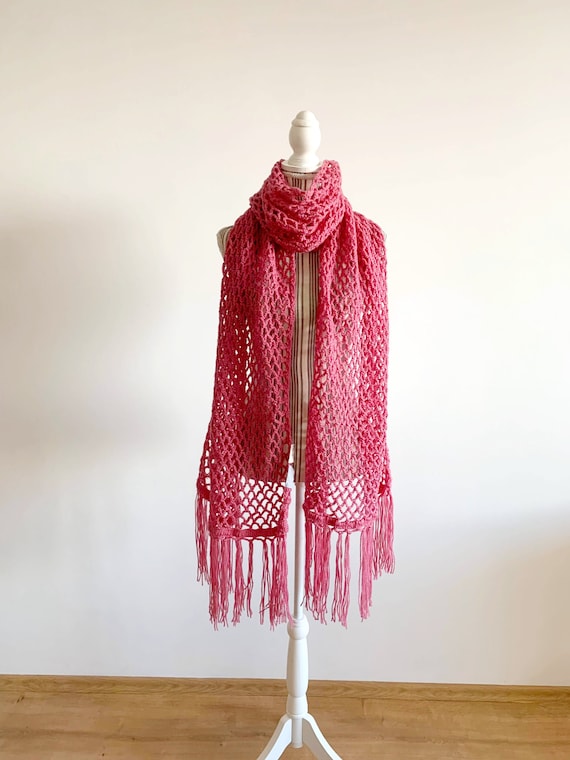 Big Bulky Lace Crochet Scarf with Tassels, Rose Dust Pink Wool Knit Scarf, Huge Chunky Scarf, Jumbo Wrap Scarf, Extra Long Woollen Scarf