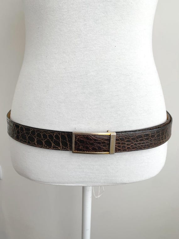 Unisex Brown Real Leather Belt 90 - 110 cm / 35 - 43", Mock Croc Reptile Leather Waist Cincher, Vintage Waist Belt with Gold Bar Buckle