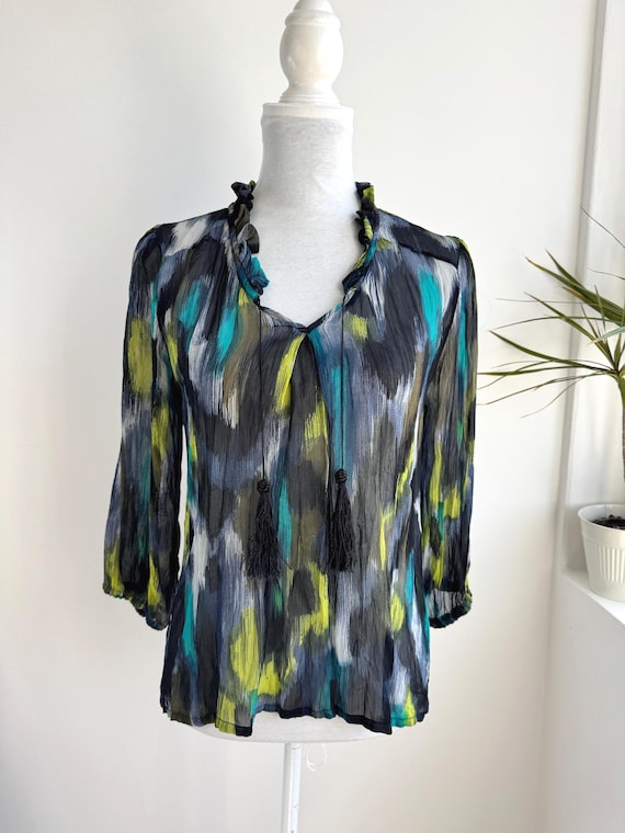 Vintage Teal Blue Lime Green Tassel Blouse, Y2K Boho Ruffle Collar Sheer Top, Abstract Print Going Out Shirt, Mesh Crincle Top Womens Size S