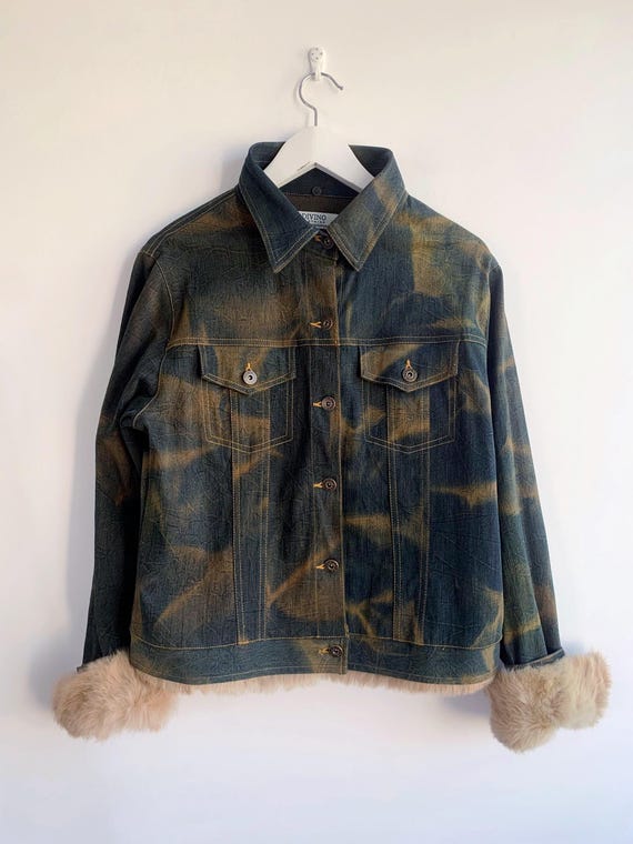Vintage Y2K Denim Trucker Jacket with Faux Fur Cuffs and Trim, 90s Button Down Cropped Jean Coat, Dark Green Basic Outwerwear Women Size M