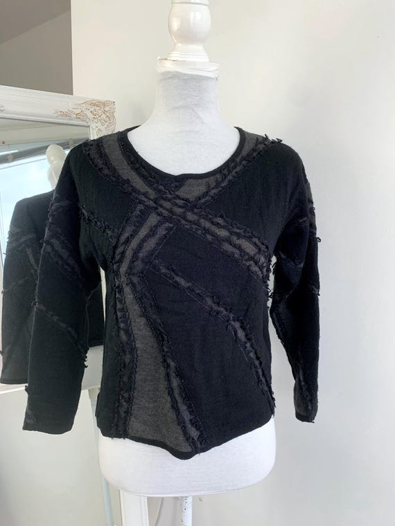 Vintage Y2K Anna Belloni Merino Wool Knit Sweater Size M, Abstract Pattern Black & Grey Chunky Pullover, Cropped Grunge Jumper Made in Italy