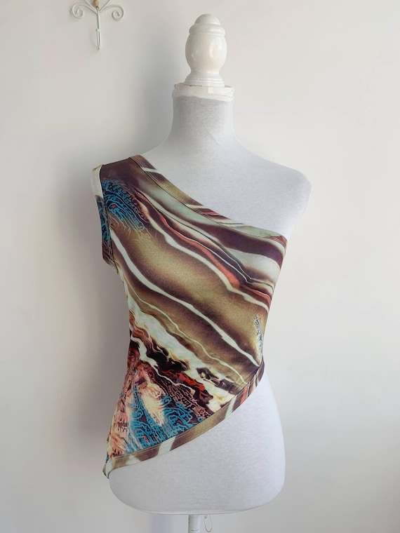 Vintage Y2K Asymmetrical One Shoulder Top S/M, Brown Blue Abstract Print Blouse, 90s Retro Grunge Rave Top, 2000s Aesthetic Cropped T-Shirt
