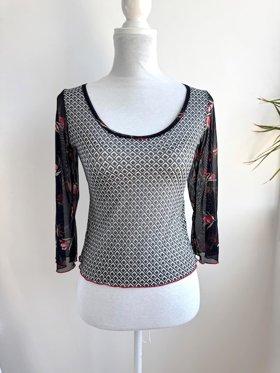 90s Grunge Mesh Top Women's S Sheer Black Red Floral Sleeve Vintage Y2K Geometric Blouse, Retro Whimsigoth Shirt 3/4 Flare Sleeve Crop Tee