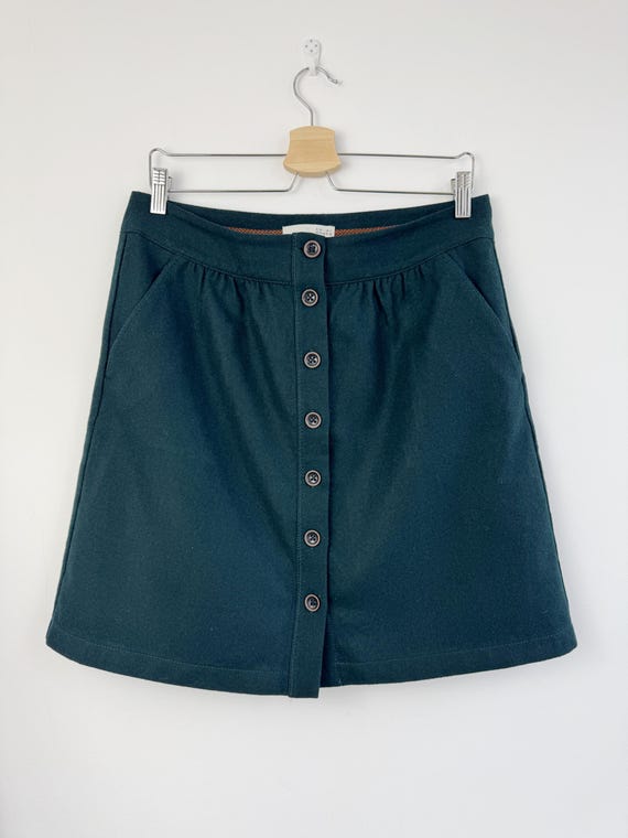 Vintage Y2K Esprit Dark Green Wool Blend Button Front Skirt, Winter Retro A-Line Mini Skirt with Pockets Size EU 40 US 10 UK 14 Fits M/L