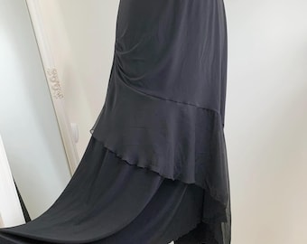 Franse vintage jaren 90 fairy goth zwarte maxi-rok maat M, geplooide tule ruche grillige gelaagde grunge-rok, enkellange rekbare a-lijnrok