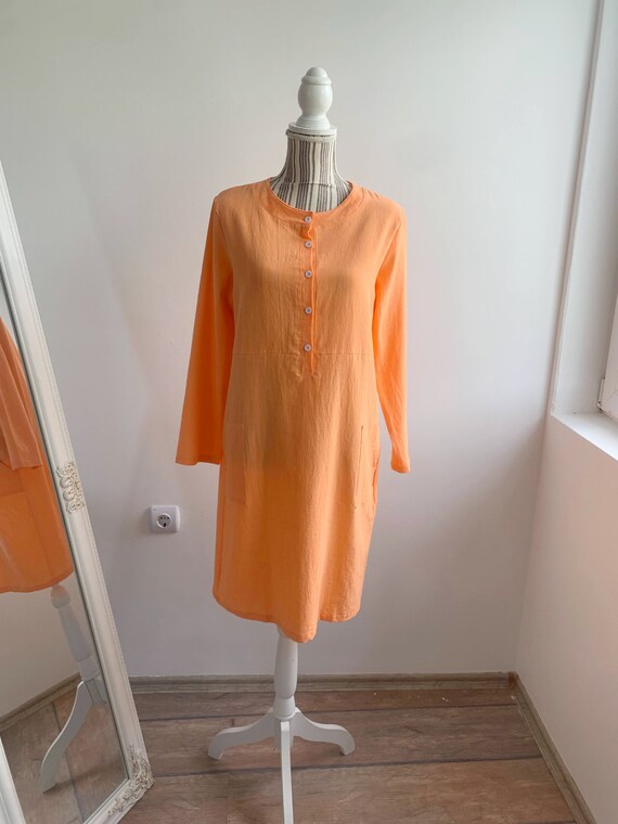Vintage Salmon Orange Tunic Top Size L, Loose Fit Cotton Tunic Dress, Button Up Long Sleeve Relaxed Kurti, Boho Kaftan Shirt, Resort Wear