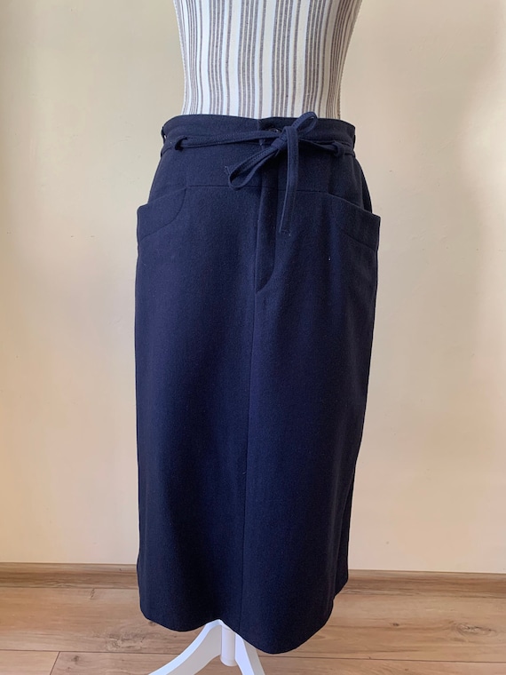 Vintage Straight Wool Midi Skirt for Women Size M, 80s Navy Blue Mid Calf Pencil Skirt With Pockets, High Waisted Back Split Long Wool Skirt