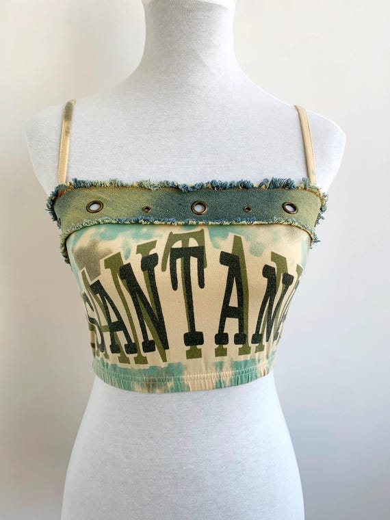 Vintage 90s SANTANA Camouflage Crop Top Size S, Khaki Green Yellow Cotton Denim Tank Top, Summer Fitted Sexy Slip Top, Women's Y2K Baby Tee