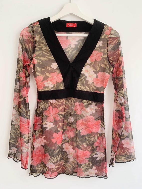 Vintage 90s Sheer Top With Long Sleeves Size XS S, Y2K 2000s Stretchy Floral Blouse, Fitted Botanical Lace Top, Mesh Shirt, Tattoo Blouse