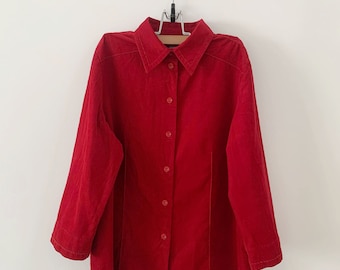 Vintage Red Corduroy Button Up Shirt for Women Size S, Loose Fit Oversized Collared Shirt, Relaxed Casual 3/4 Sleeves 100% Cotton Overshirt