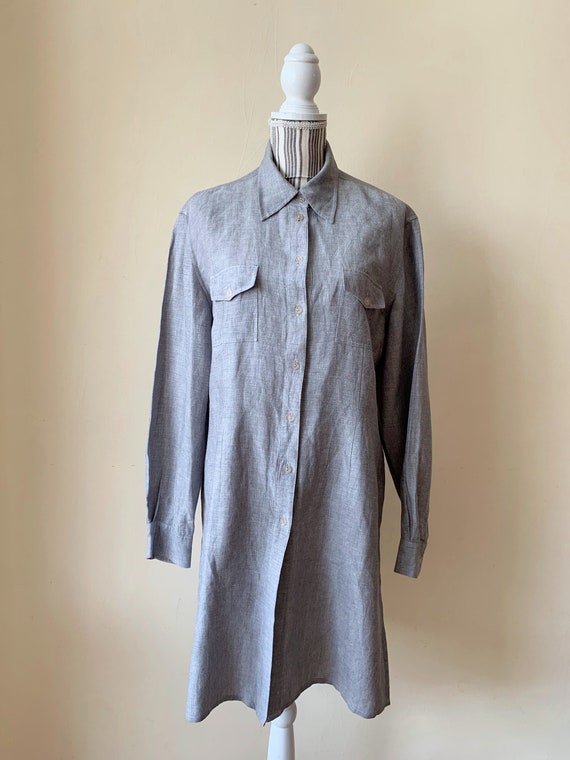 Grey Linen Shirt for Women Size L, Vintage Long Linen Button Up Shirt, Oversized Loose Fit Longline Overshirt, Long Sleeve Linen Blouse