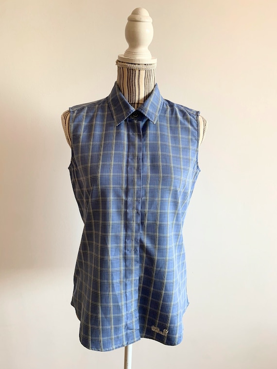 Light Blue Button Down Sleeveless Shirt, Collared Vintage Summer Top, Button-up Checkered Shirt, Jack Wolfskin Travel Cargo Tank Top S M