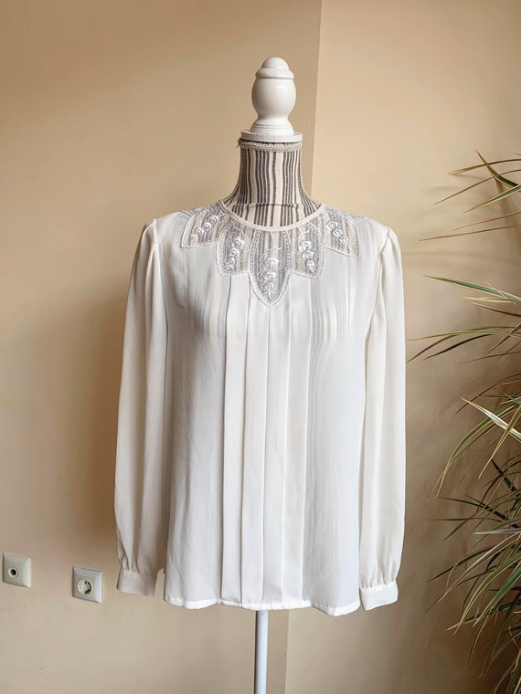 Vintage 90s Semi Sheer Lace Collar Secretary Blouse for Women, Cream Back Button Long Sleeve Shirt, Loose Fit Secretary Blouse Size S