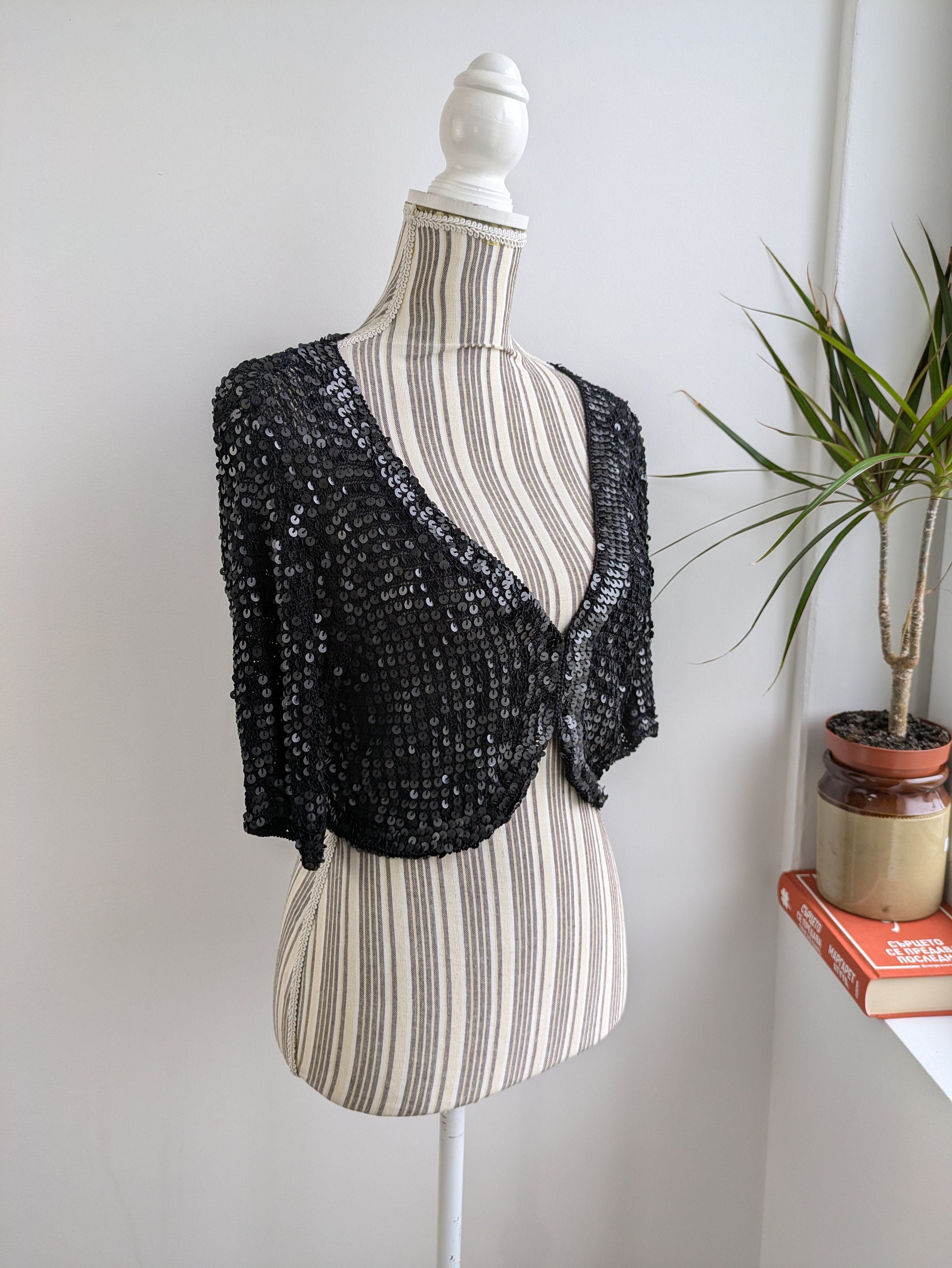 Vintage Y2K Black Sequin Bolero Shrug for Women Size M L, Sheer