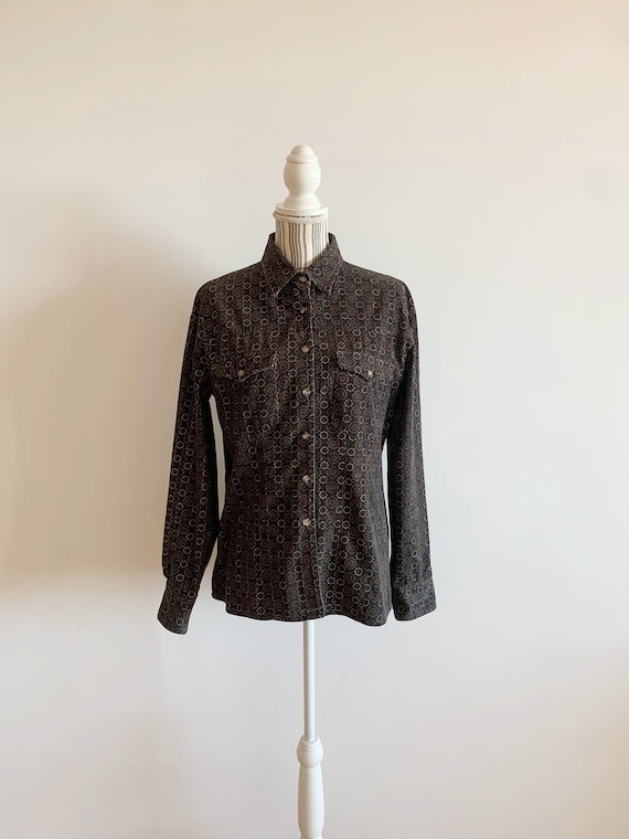 Vintage 80s Cotton Corduroy Shirt for Women Size L, Loose Casual Velvet Overshirt, Foulard Print Velour Button Up Blouse, Fall Clothing