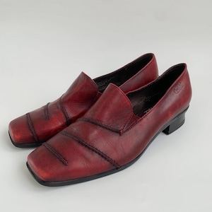 Vintage 90s Caprice Burgundy Red Leather Loafers Size UK 5 1/2, EUR 39/ US 8, Y2K Square Toe Block Heel Slip On Shoes, Low Heel Moccasins