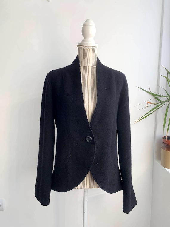 Vintage Black Wool Cardigan for Women Size L, Unlined Felt Wool Blazer, Short Boiled Wool Crop Coat, Wool Cropped Jacket, Wool Coatigan